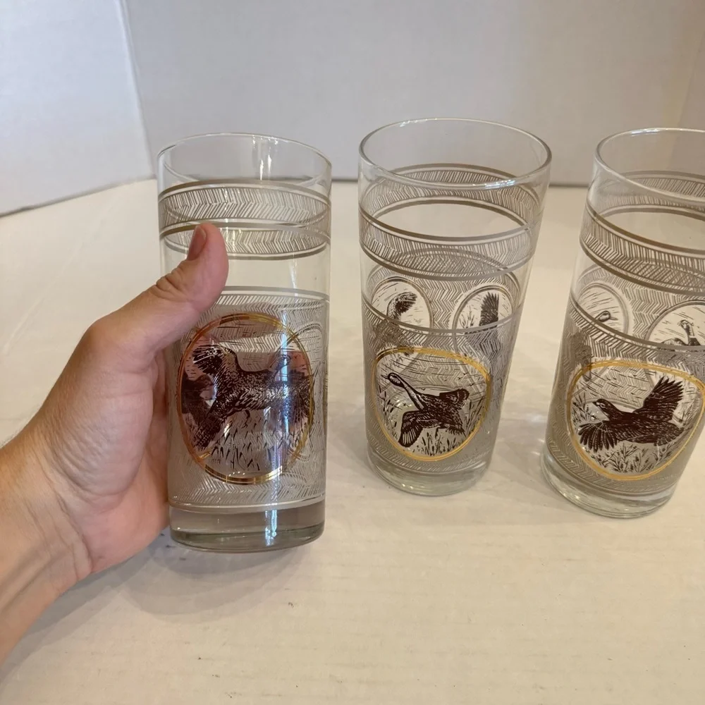 3 VTG 1970s MCM Libbey Highball Pheasant Glasses Game birds Brown Gold